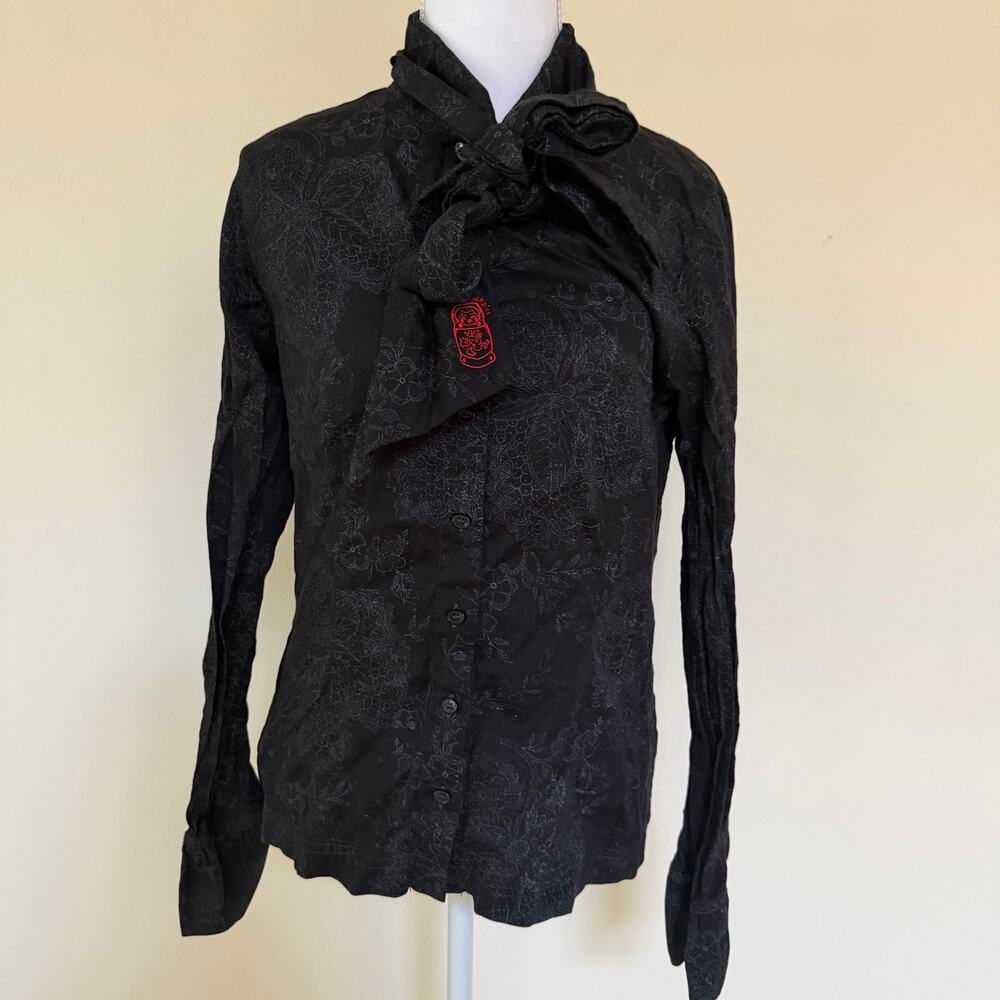 Vintage Cop.Copine Black Floral Bow Neck Blouse | Archival French Y2K Top